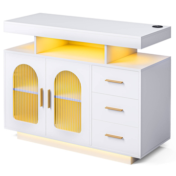 Buffet Sideboard Cabinet With RGB LED Light and Charging Station Console Coffee Bar White - 0