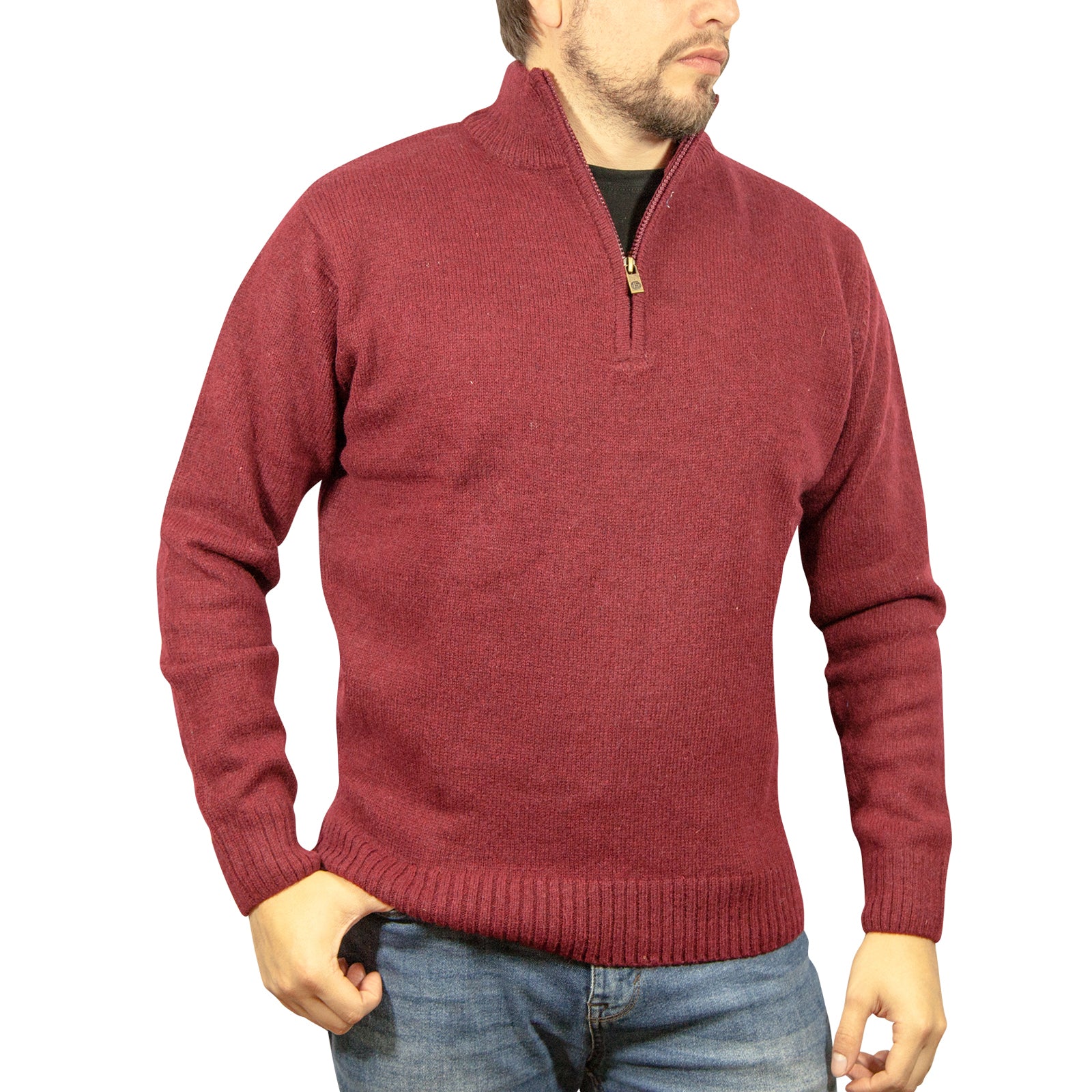 100% SHETLAND RAGG WOOL Half Zip Up Knit JUMPER Pullover Mens Sweater Knitted - Burgundy - XL - 0