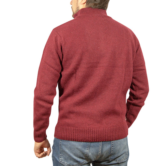 100% SHETLAND RAGG WOOL Half Zip Up Knit JUMPER Pullover Mens Sweater Knitted - Burgundy - XL