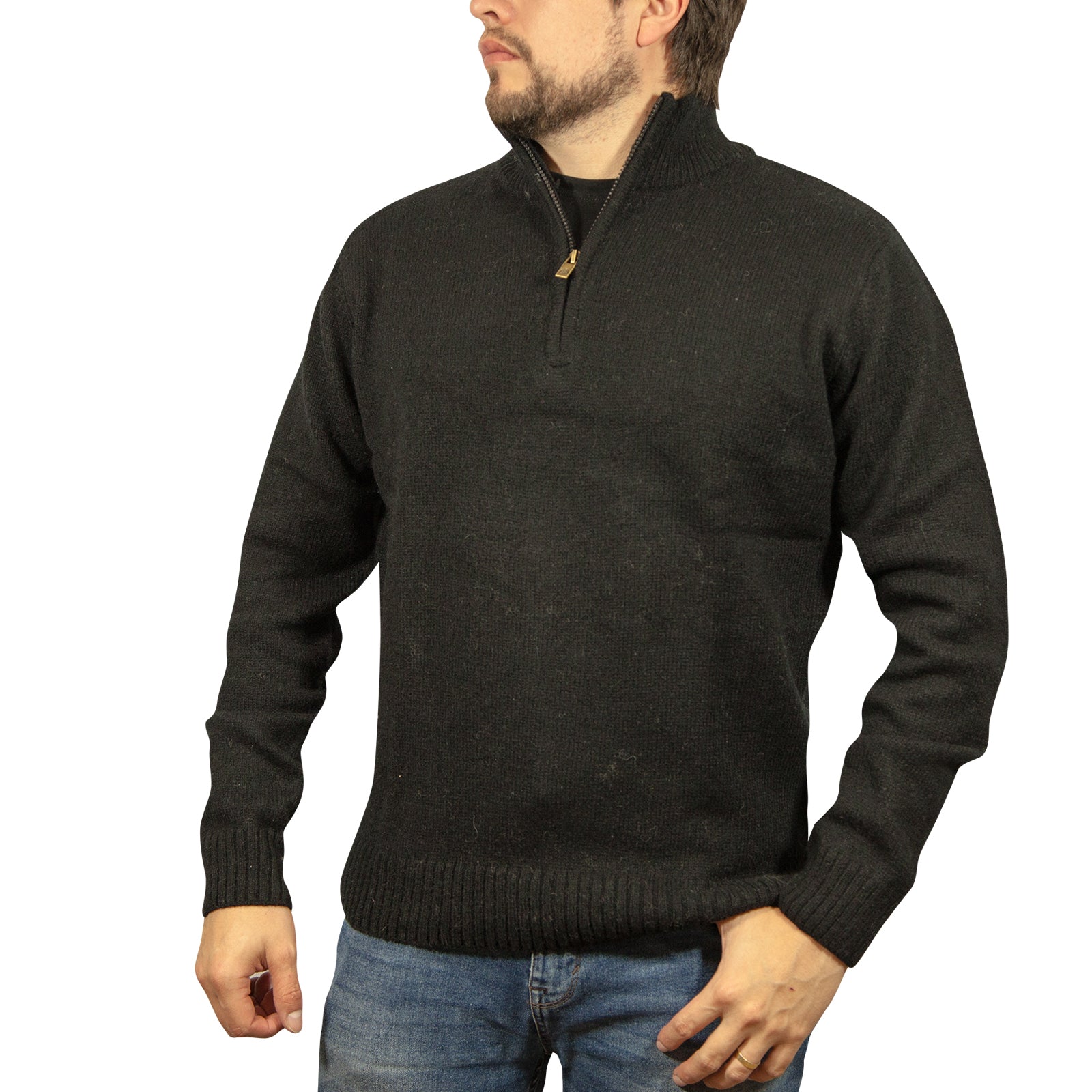 100% SHETLAND WOOL Half Zip Up Knit JUMPER Pullover Mens Sweater Knitted - Plain Black - L - 0