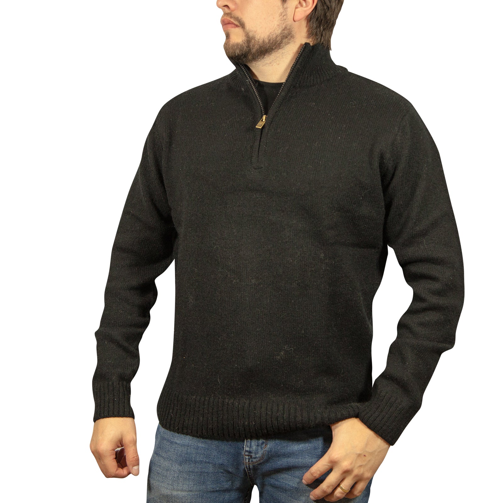 100% SHETLAND WOOL Half Zip Up Knit JUMPER Pullover Mens Sweater Knitted - Plain Black - M - 0