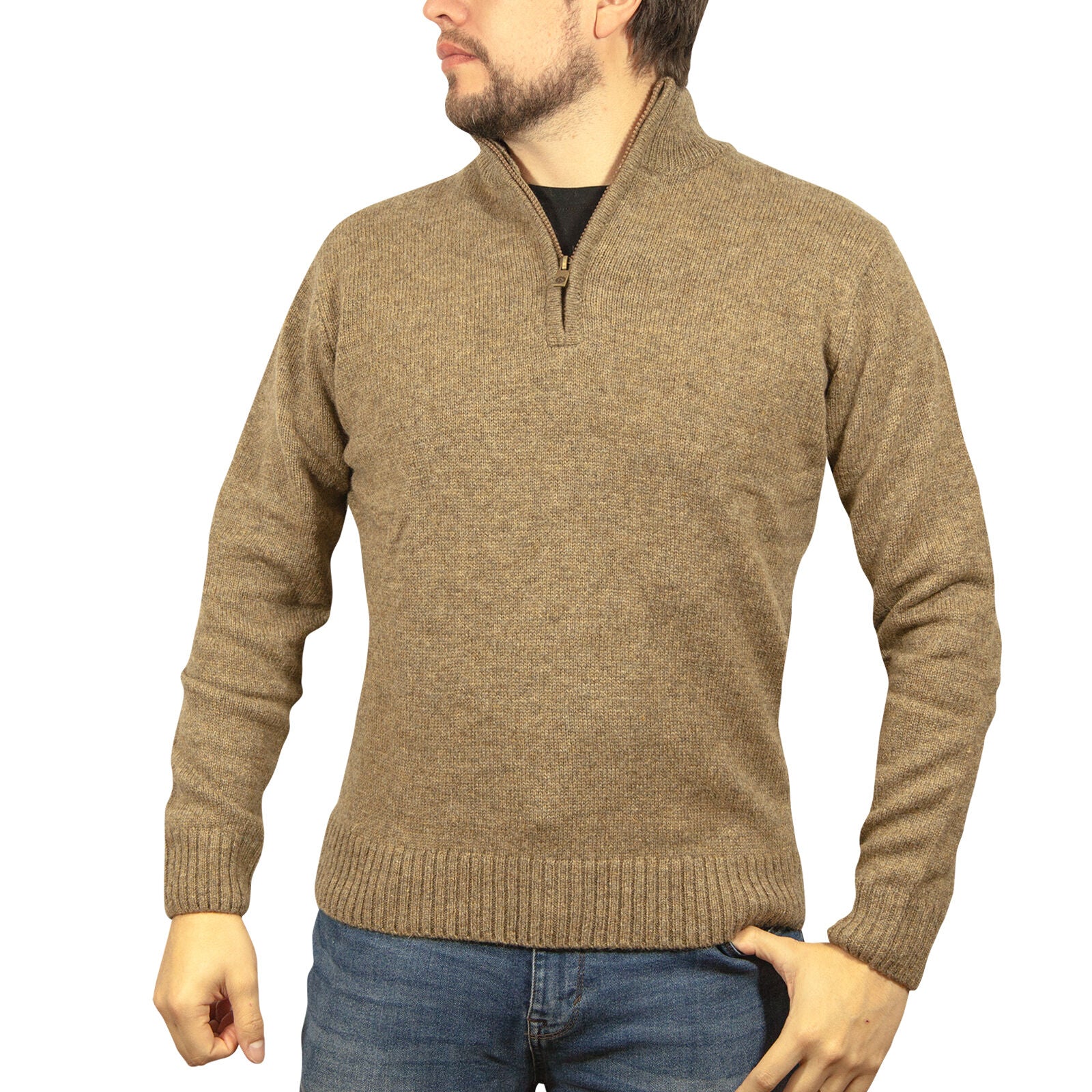 100% SHETLAND RAGG WOOL Half Zip Up Knit JUMPER Pullover Mens Sweater Knitted - Nutmeg - L - 0