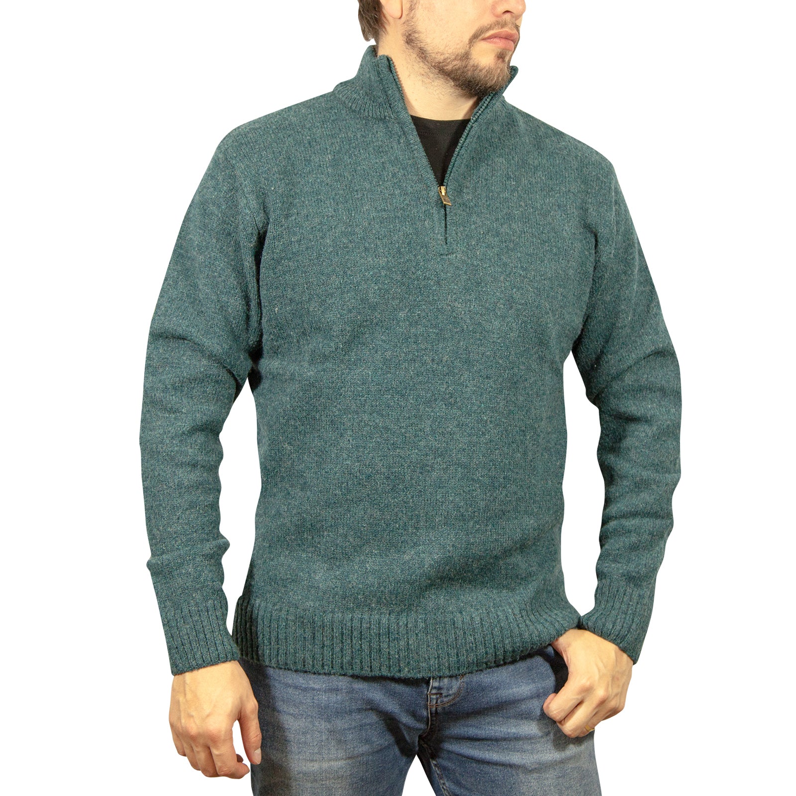 100% SHETLAND WOOL Half Zip Up Knit JUMPER Pullover Mens Sweater Knitted - Sherwood (32) - 4XL