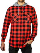 Mens Cotton Flannelette Shirt w Jersey Hood Long Sleeve Flannel - Red/Black - S-3