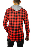 Mens Cotton Flannelette Shirt w Jersey Hood Long Sleeve Flannel - Red/Black - S-8