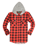 Mens Cotton Flannelette Shirt w Jersey Hood Long Sleeve Flannel - Red/Black - S-12