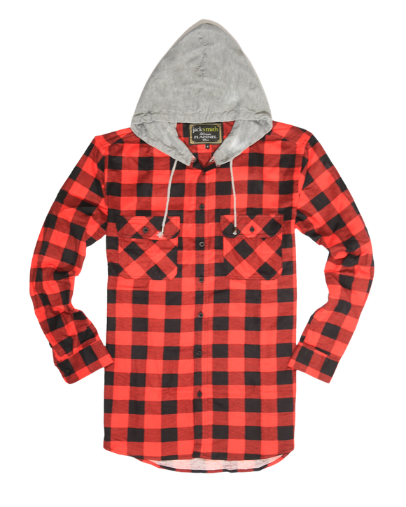 Mens Cotton Flannelette Shirt w Jersey Hood Long Sleeve Flannel - Red/Black - S