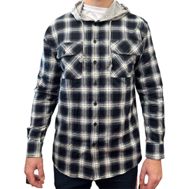 Mens Cotton Flannelette Shirt w Jersey Hood Long Sleeve Flannel - Black - L - 0