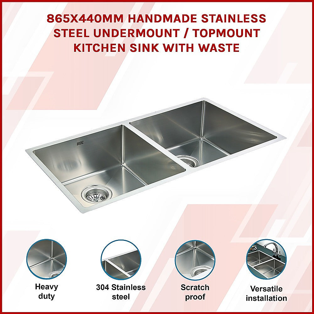 865x440mm Handmade Stainless Steel Undermount / Topmount Kitchen Sink with Waste