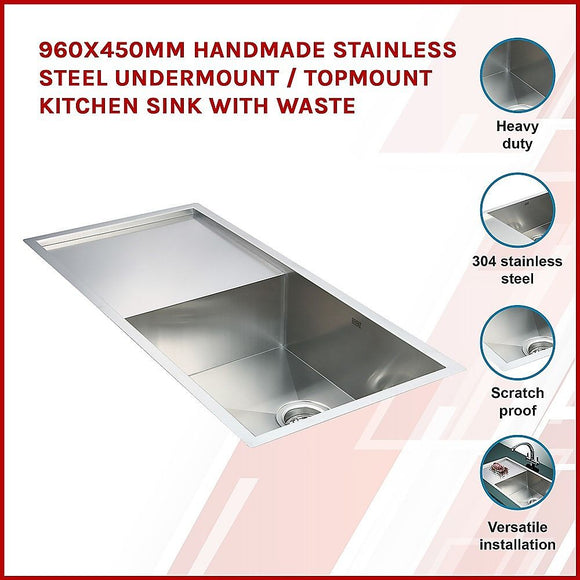 960x450mm Handmade 1.2mm Stainless Steel Undermount Topmount Kitchen Sink with Waste