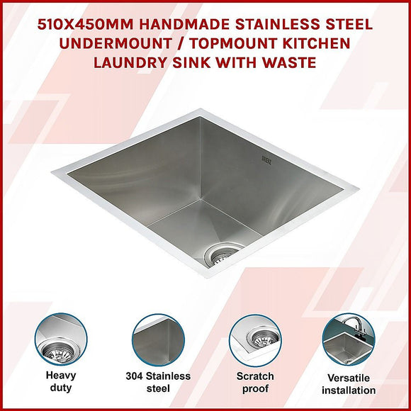510x450mm Handmade 1.2mm Stainless Steel Undermount Topmount Kitchen Laundry Sink with Waste
