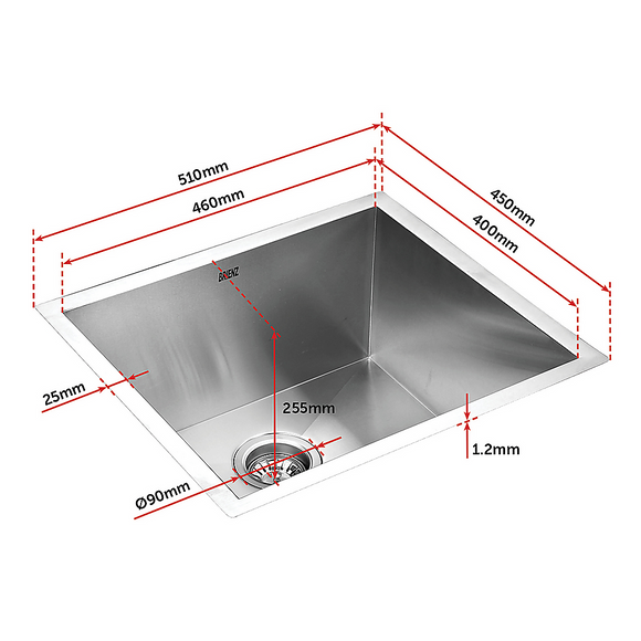 510x450mm Handmade 1.2mm Stainless Steel Undermount Topmount Kitchen Laundry Sink with Waste