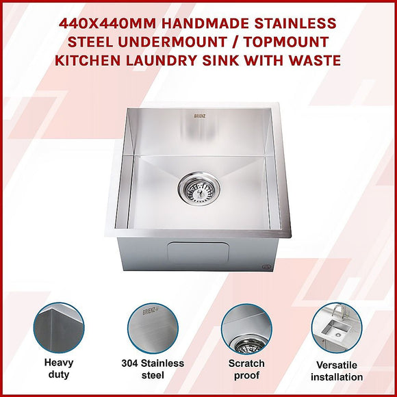 440x440mm Handmade 1.2mm 18 Gauge Stainless Steel Kitchen Laundry Sink with Waste
