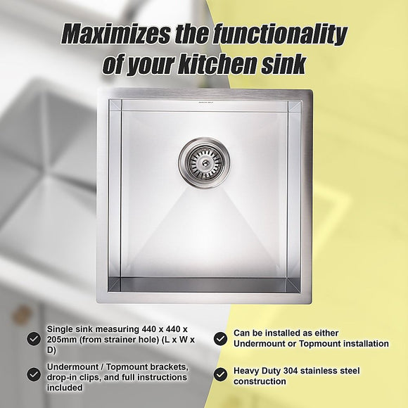 440x440mm Handmade 1.2mm 18 Gauge Stainless Steel Kitchen Laundry Sink with Waste