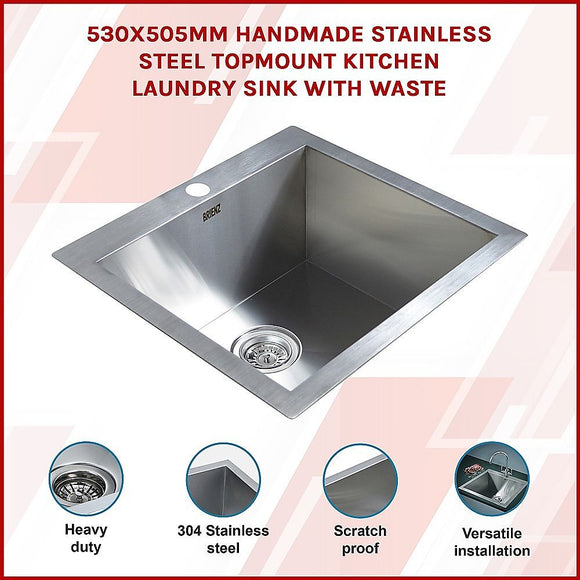 530x505mm Handmade 1.2mm Stainless Steel Topmount Kitchen Sink with Waste
