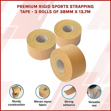 Premium Rigid Sports Strapping Tape - 3 Rolls of 38mm X 13.7M - 0