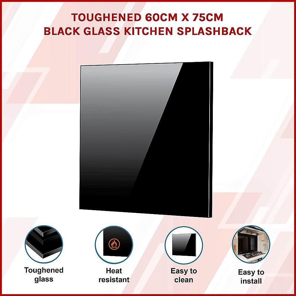 Toughened 60cm x 75cm Black Glass Kitchen Splashback