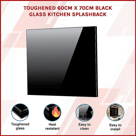 Toughened 60cm x 70cm Black Glass Kitchen Splashback