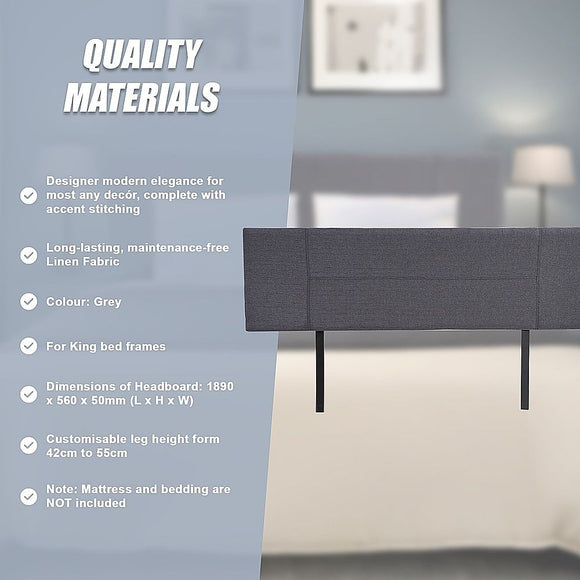 Linen Fabric King Bed Headboard Bedhead - Grey