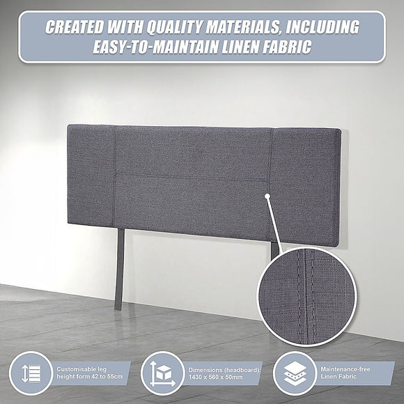 Linen Fabric Double Bed Headboard Bedhead - Grey