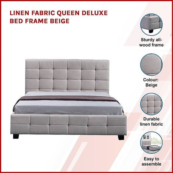 Linen Fabric Queen Deluxe Bed Frame Beige