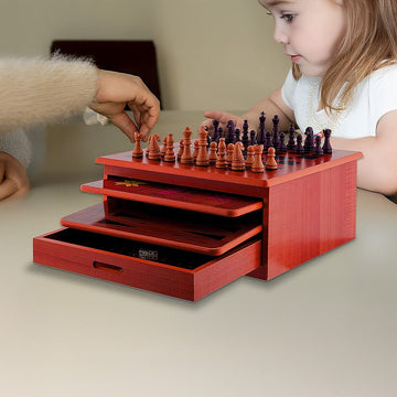 10 in 1 Wooden Chess Board Games Slide Out Checkers House Unit Set - 0