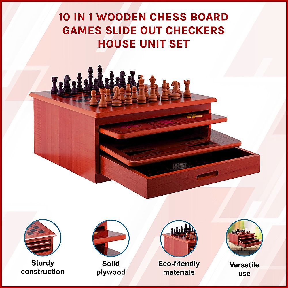 10 in 1 Wooden Chess Board Games Slide Out Checkers House Unit Set