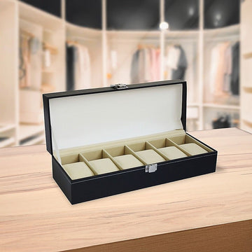 6 Slot Mens Watch Display Case Box Black PU Leather - 0