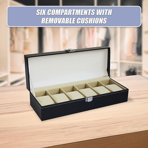 6 Slot Mens Watch Display Case Box Black PU Leather
