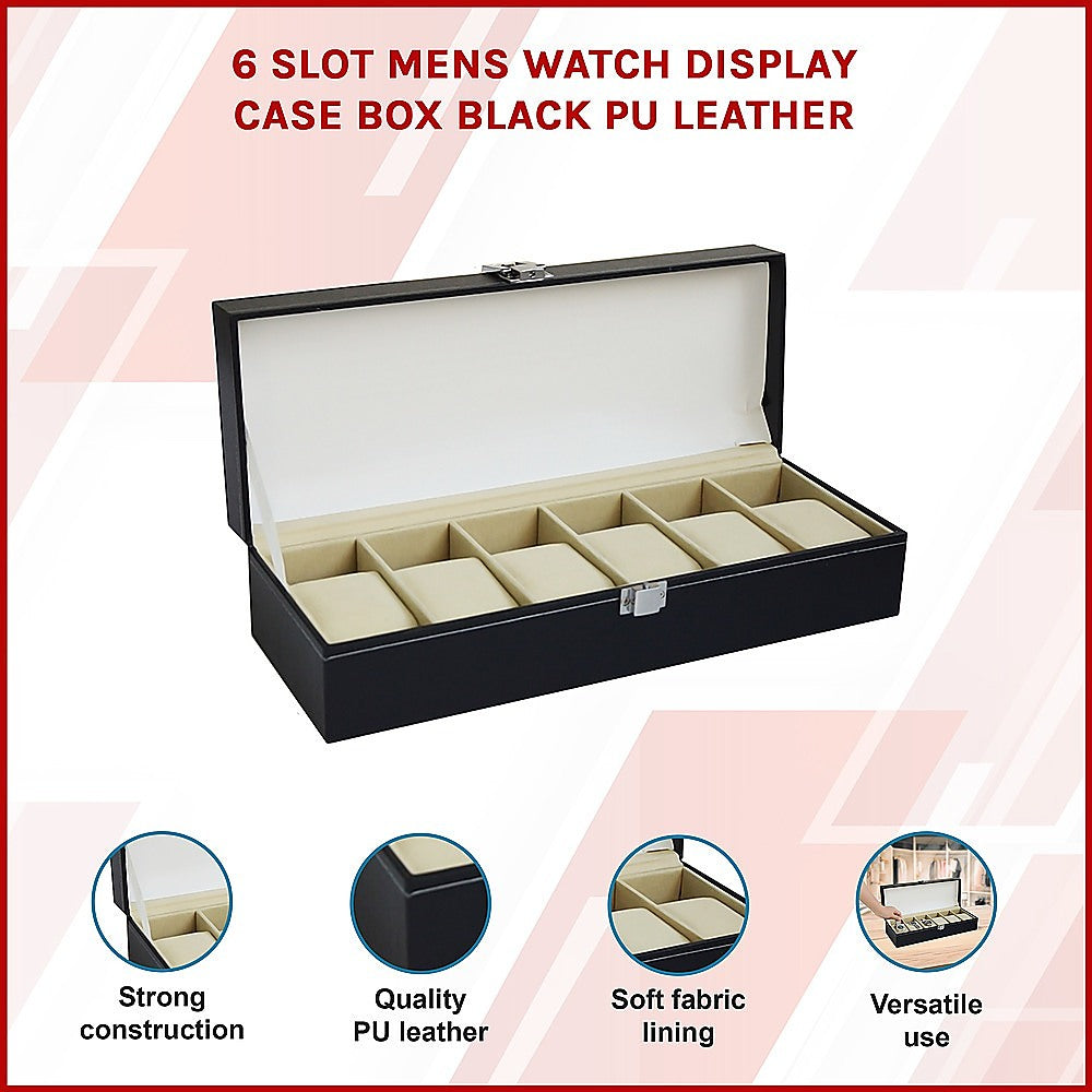 6 Slot Mens Watch Display Case Box Black PU Leather