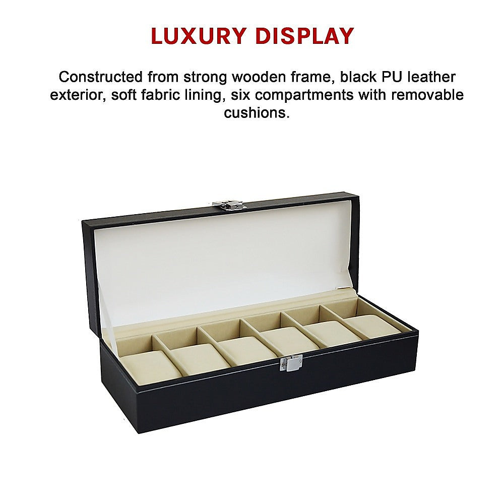 6 Slot Mens Watch Display Case Box Black PU Leather