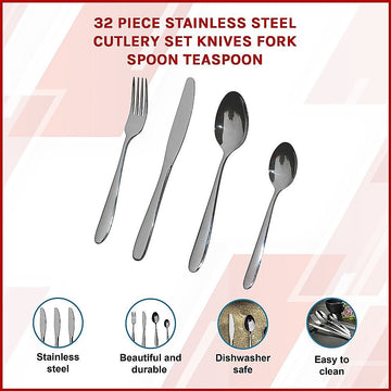 32 Piece Stainless Steel Cutlery Set Knives Fork Spoon Teaspoon - 0