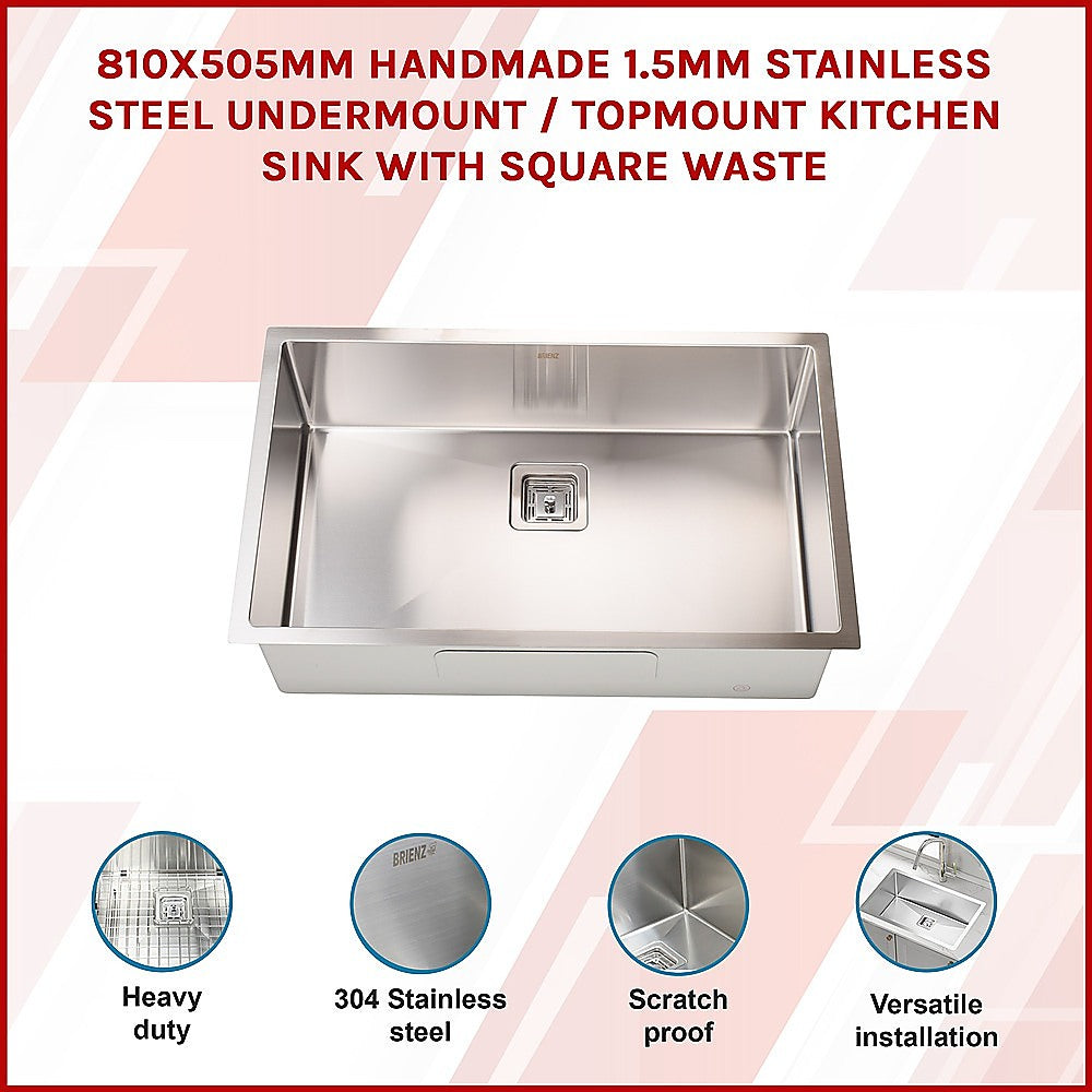 810x505mm Handmade 1.5mm Stainless Steel Undermount / Topmount Kitchen Sink with Square Waste