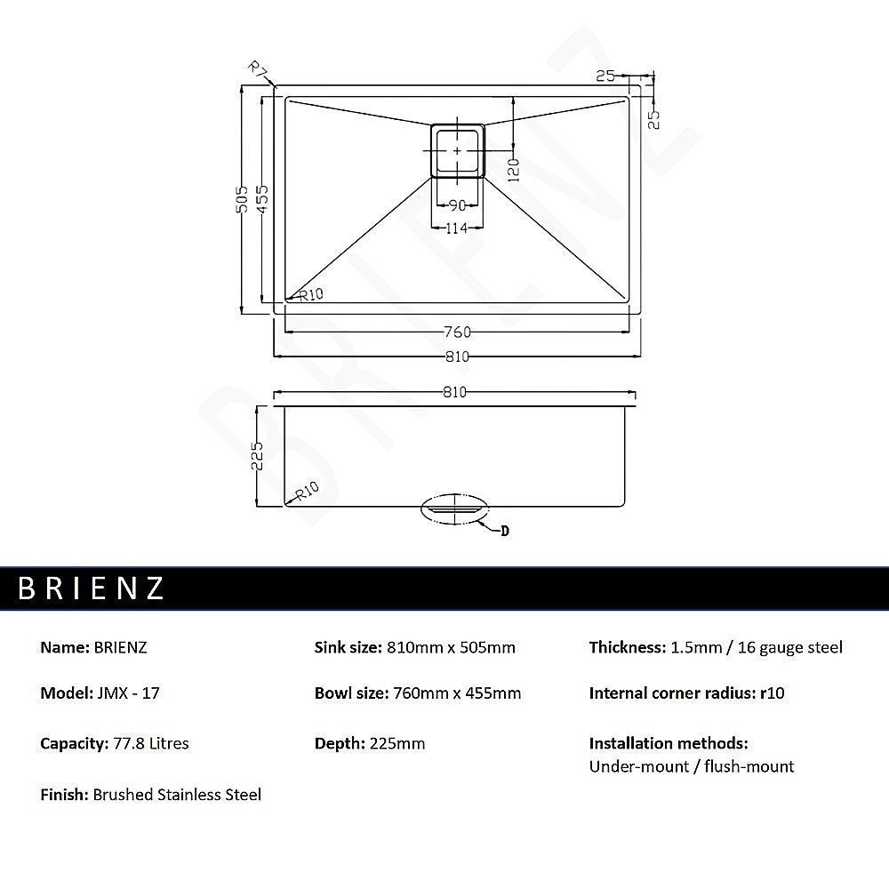 810x505mm Handmade 1.5mm Stainless Steel Undermount / Topmount Kitchen Sink with Square Waste