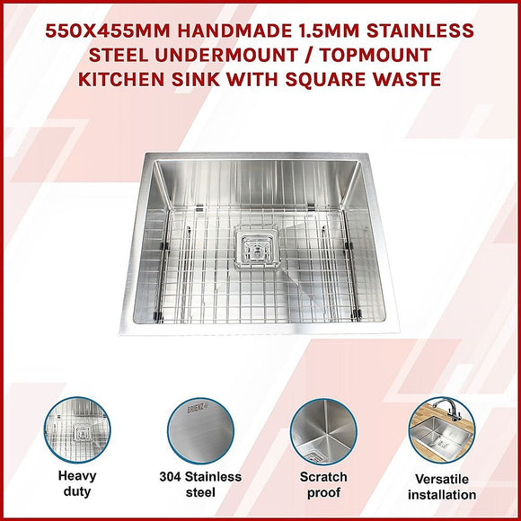 550x455mm Handmade 1.5mm Stainless Steel Kitchen Sink with Waste and Grid
