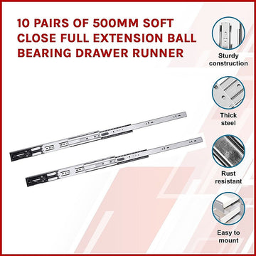 10 Pairs of 500mm Soft Close Full Extension Ball Bearing Drawer Runner - 0