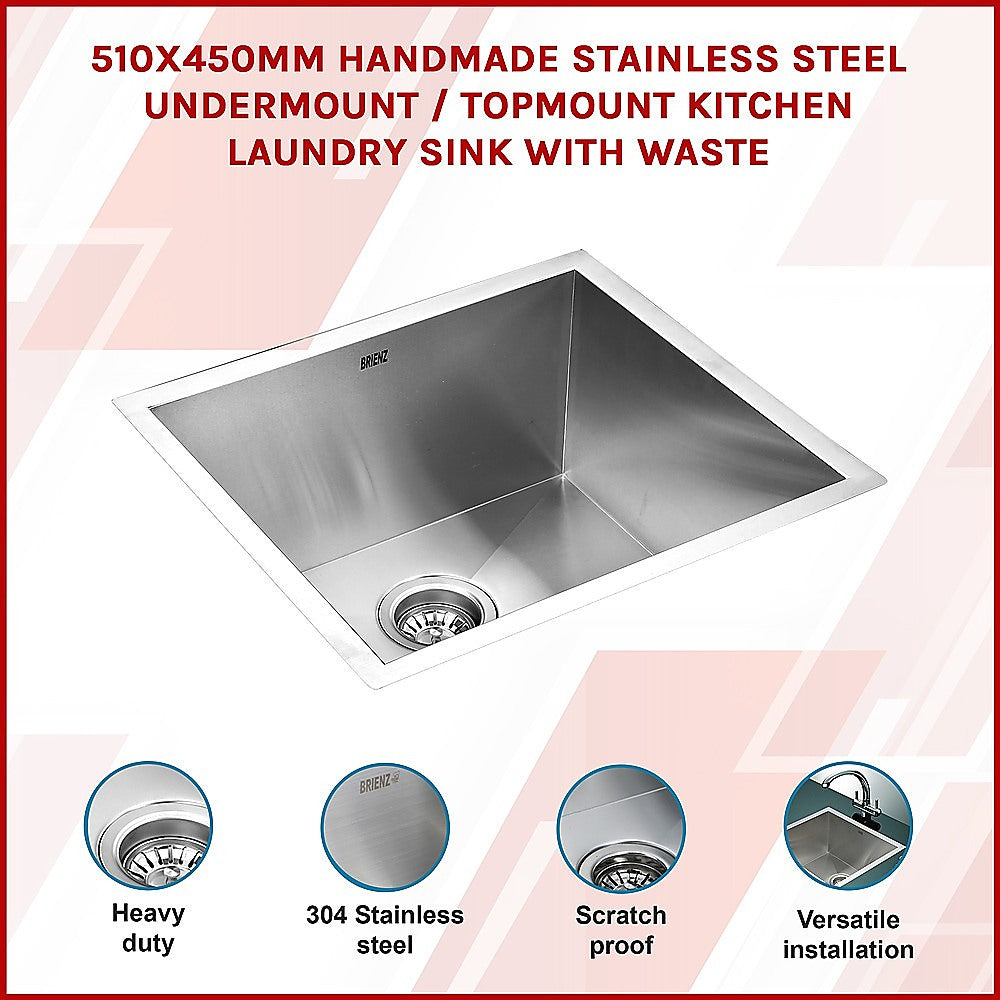 510x450mm Handmade Stainless Steel Undermount / Topmount Kitchen Laundry Sink with Waste