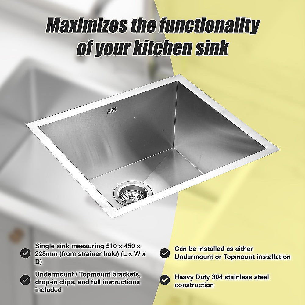 510x450mm Handmade Stainless Steel Undermount / Topmount Kitchen Laundry Sink with Waste