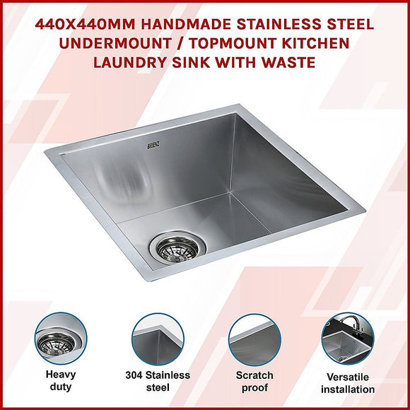 440x440mm Handmade 1mm 20 Gauge Stainless Steel Kitchen Laundry Sink with Waste