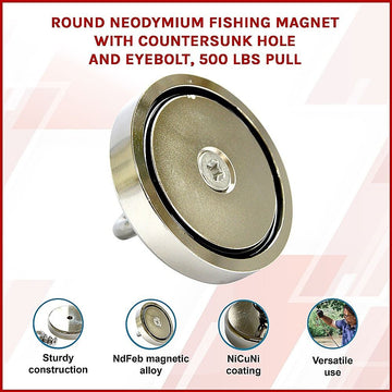 Round Neodymium Fishing Magnet with Countersunk Hole and Eyebolt, 500 LBS pull - 0