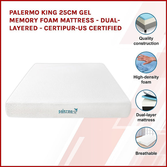 King 25cm Gel Memory Foam Mattress – Dual-Layered Comfort with CertiPUR-US® Certified Foam