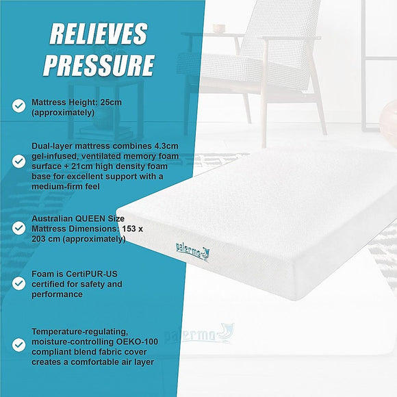 Queen 25cm Gel Memory Foam Mattress – Dual-Layered Comfort with CertiPUR-US® Certified Foam