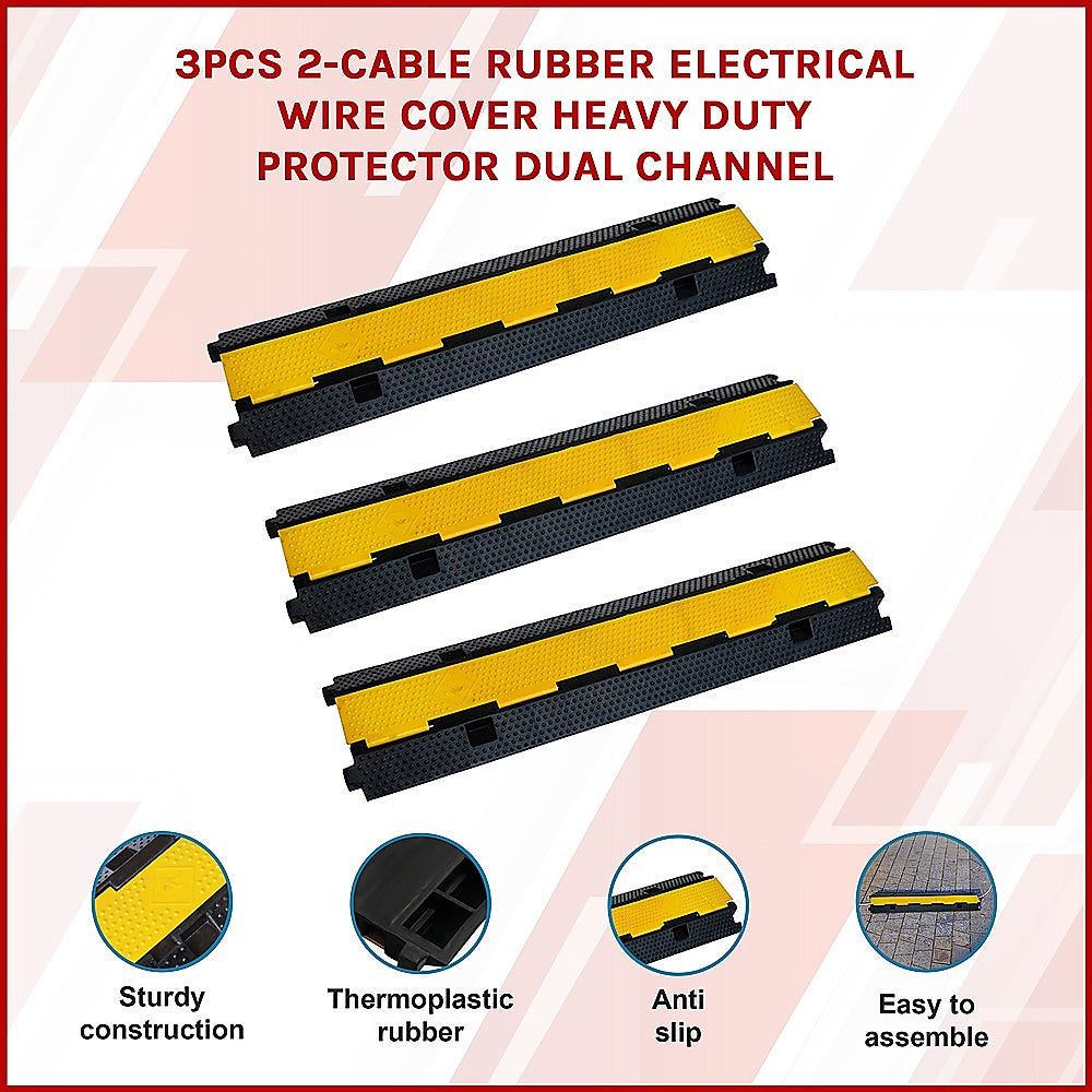 3pcs 2-Cable Rubber Electrical Wire Cover Heavy Duty Protector Dual Channel