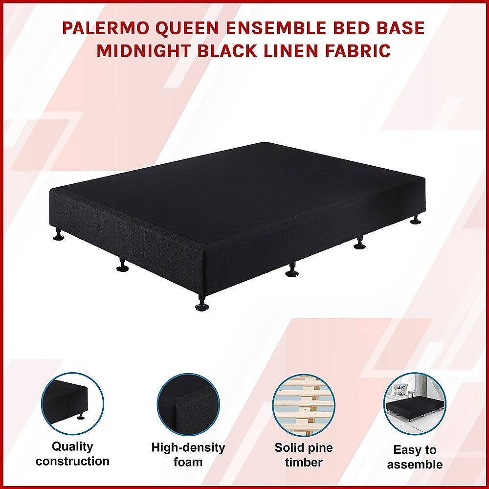 Palermo Queen Ensemble Bed Base Midnight Black Linen Fabric