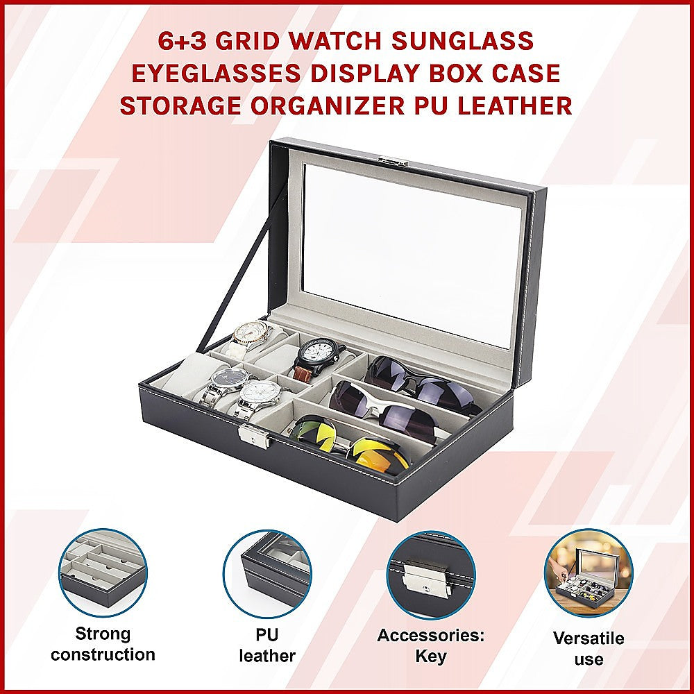 6+3 Grid Watch Sunglass Eyeglasses Display Box Case Storage Organizer PU Leather