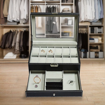 12 Grids Watch Display Case Leather jewellery Storage Box Organiser Lock Key - 0