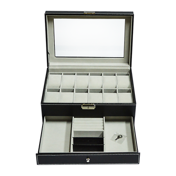 12 Grids Watch Display Case Leather jewellery Storage Box Organiser Lock Key