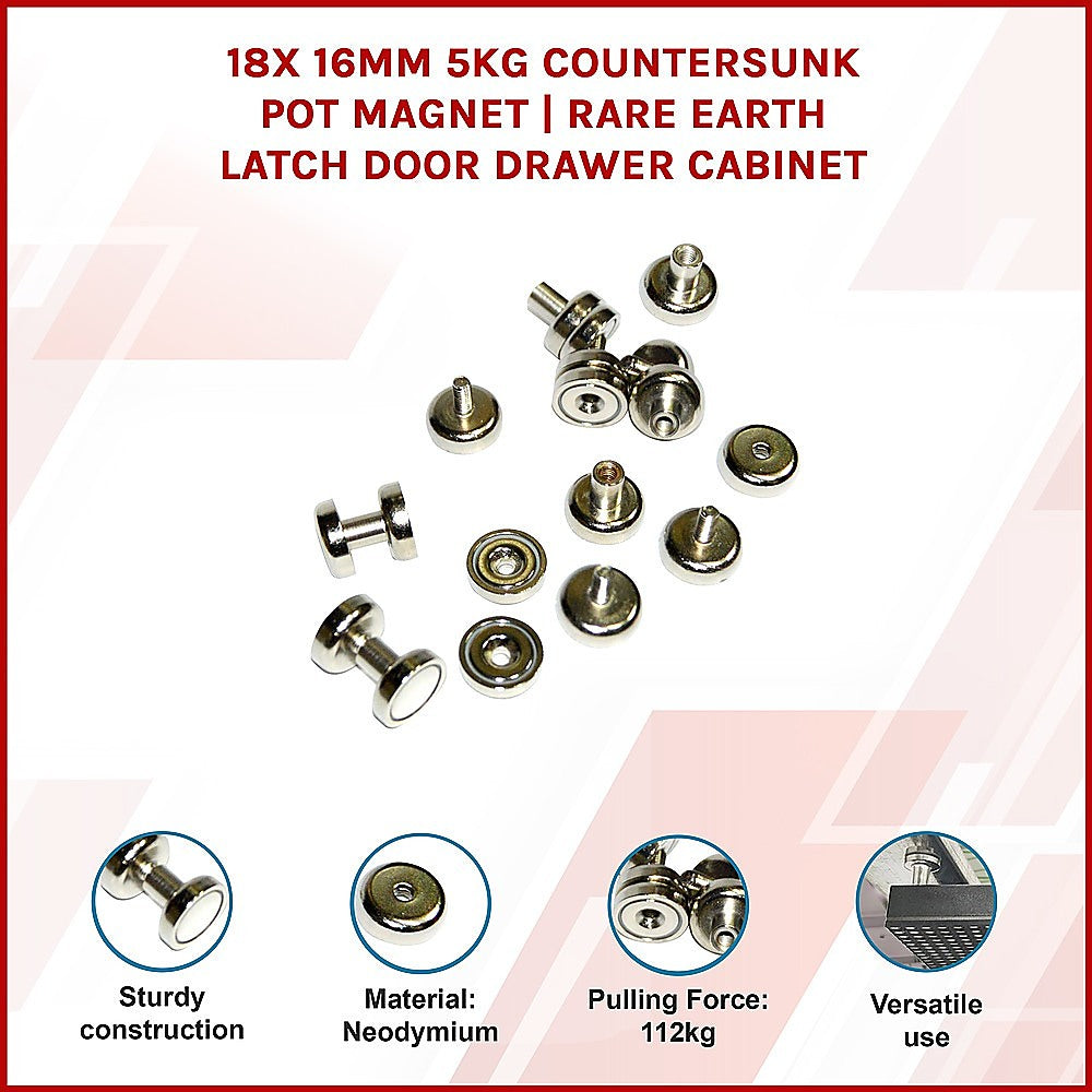 18x 16mm 5kg Countersunk Pot Magnet | Rare Earth Latch Door Drawer Cabinet