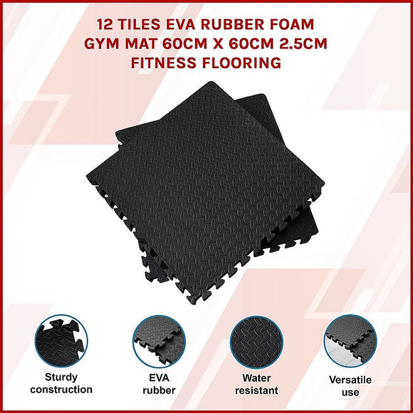 12 Tiles EVA Rubber Foam Gym Mat 60x60cm – 2.5cm Thick Fitness Flooring Set
