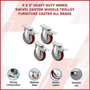 4 X 5" Heavy Duty 400kg Swivel Castor Wheels Trolley Furniture Caster All Brake-2